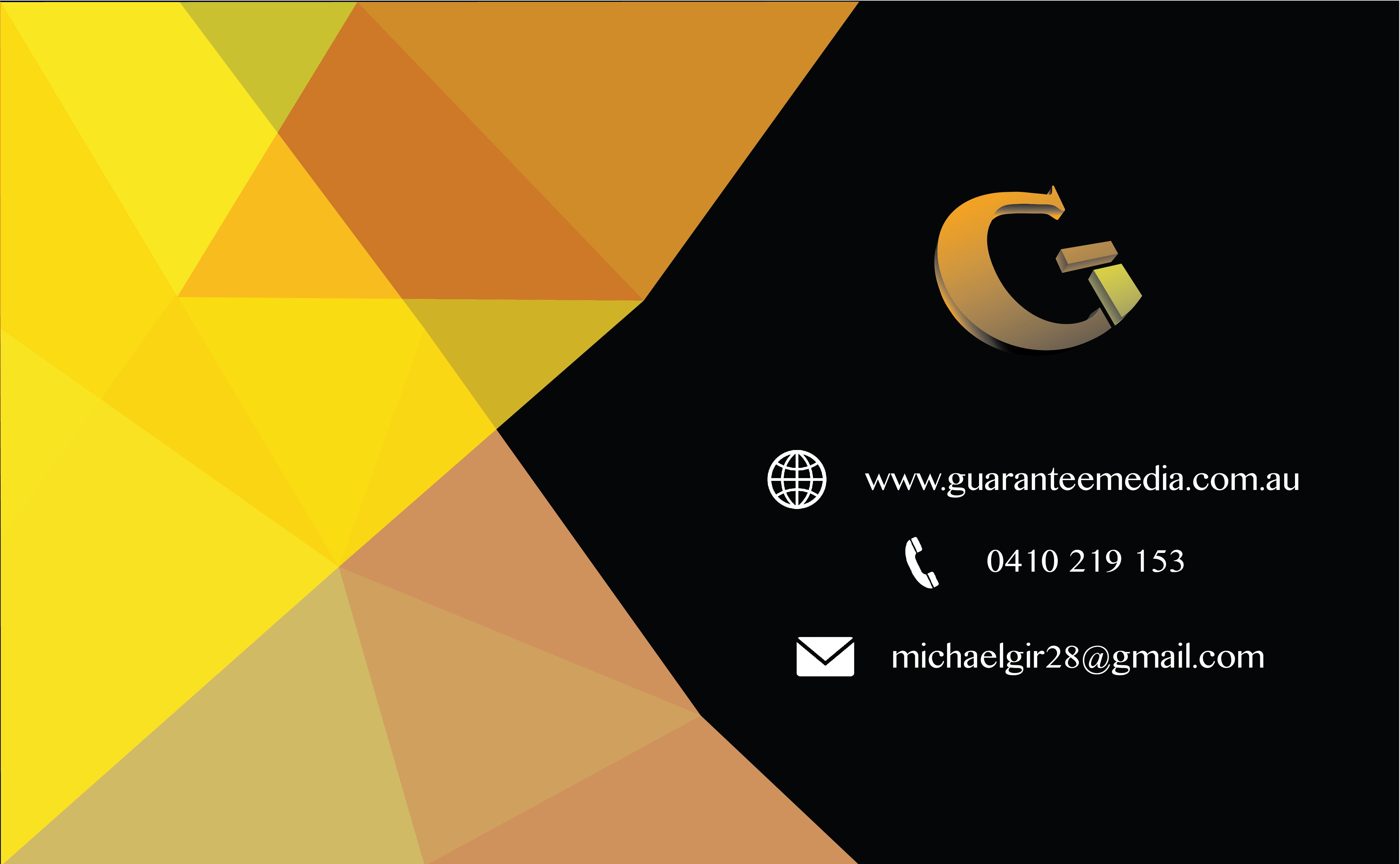 guarantee media business card Guarantee Media is a Freelance videographer, photographer and video editor in Melbourne, Australia.